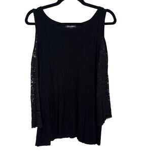 Roz & Ali Medium M Black Cold Shoulder Knit Top Round Neck 3/4 Lace Sleeves